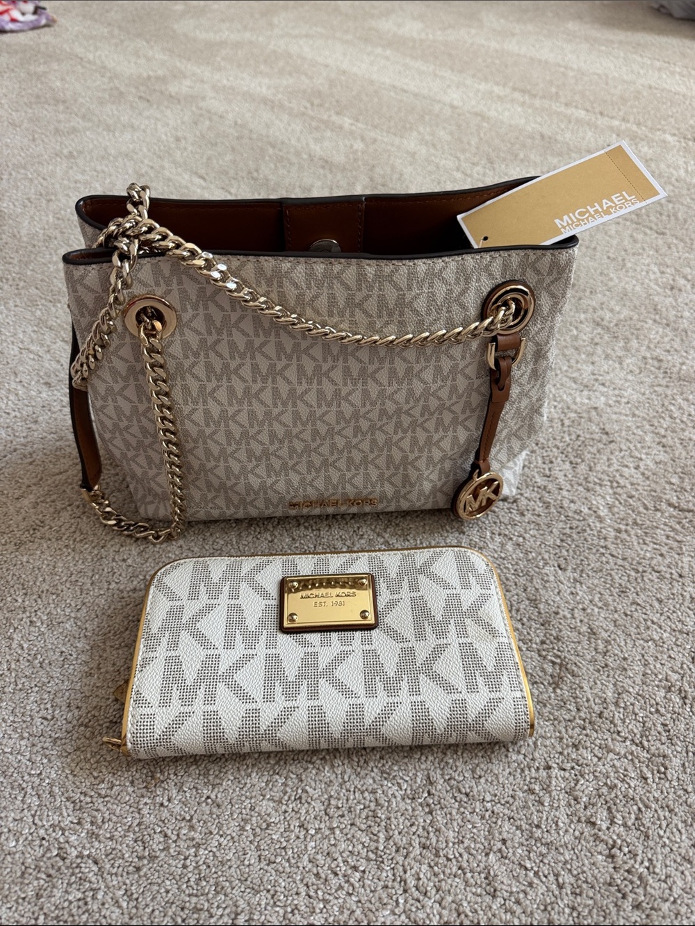 Michael Kors Beige Logo Shoulder Bag and Matching Wallet with Gold Chain